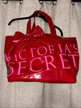Victoria's Secret Red Patent Tote with Pink Logo and Bow Accent